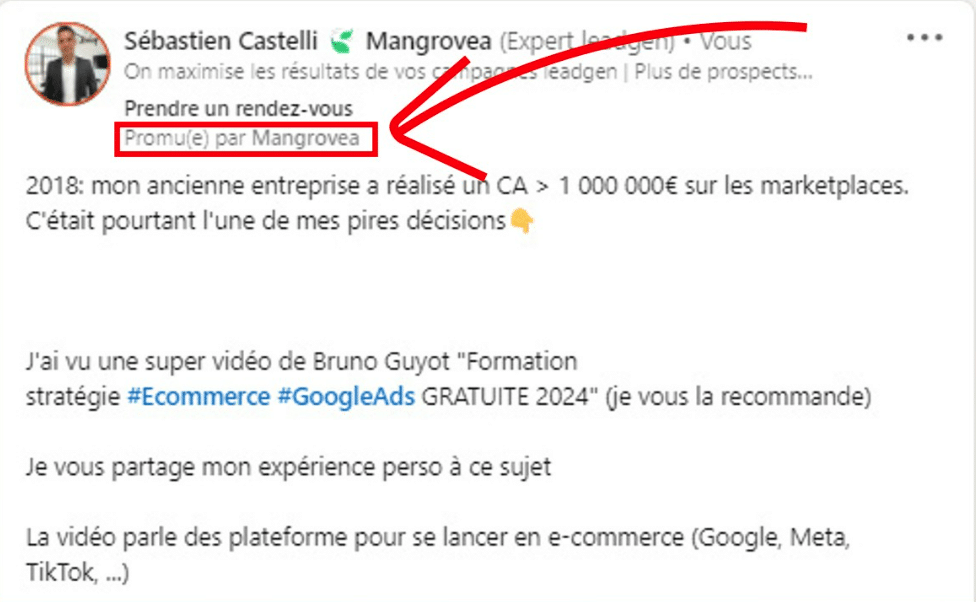 post d'un employé sponsorisé sur linkedin ads