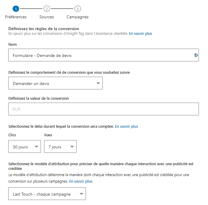 tracking linkedin ads définir la conversion