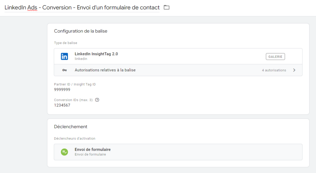 balises linkedin ads configurée via google tag manager