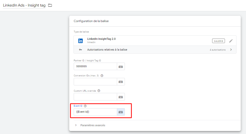 balise linkedin ads configurée avec l'event id